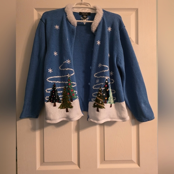 Crystal Kobe Sweaters - Blue Holiday Sweater with Tree Embellishments